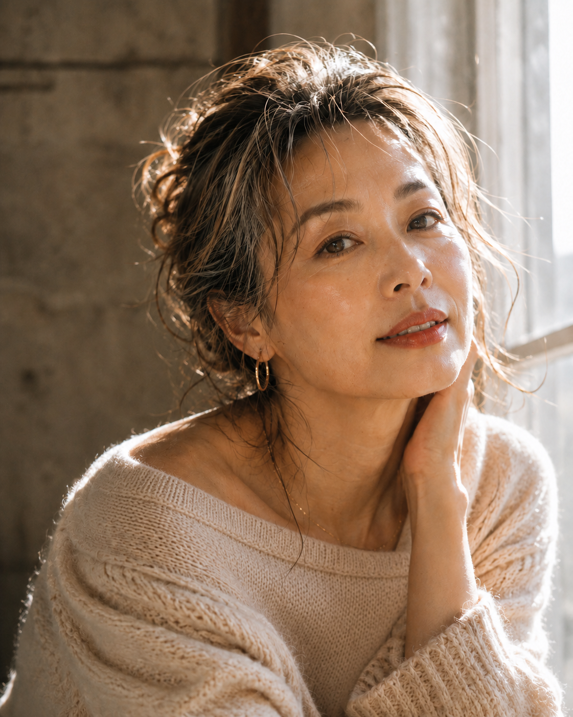 自然光の中でいきいきとした表情を見せる50歳の女性